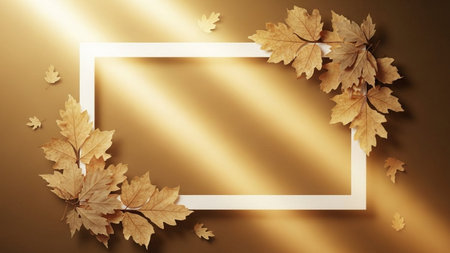Autumn leaves with white frame on brown background. Flat lay, top view.の素材