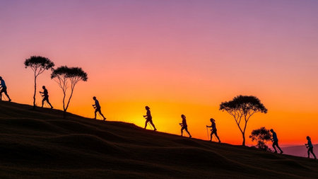 Silhouette of group of people walking on the hill at sunsetの素材