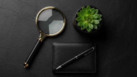 Magnifying glass, notebook and succulent plant on black leather backgroundの素材