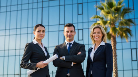 Portrait of confident business people standing with arms crossed in front of office buildingの素材