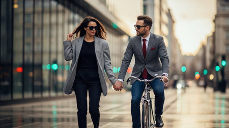 Young business couple riding a bicycle in the city at the evening.の素材