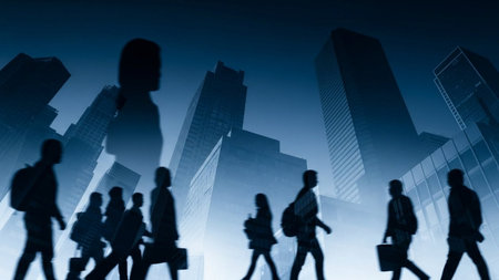 Silhouettes of business people walking in the city at night.の素材