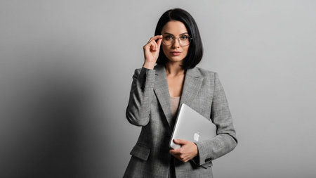 attractive businesswoman in eyeglasses holding laptop on grey backgroundの素材