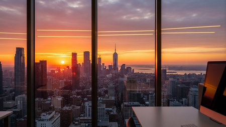 Aerial view of New York City skyline at sunset from a skyscraperの素材