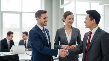 business, people and teamwork concept - smiling business team shaking hands in officeの素材