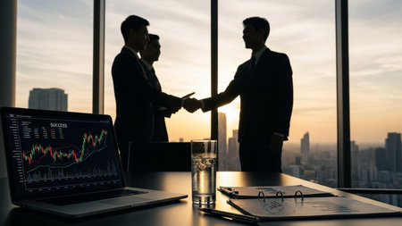 Business people shaking hands as a sign of partnership and agreement in office.の素材
