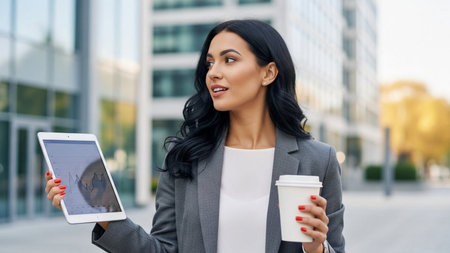 businesswoman with tablet pc and coffee to go in city, closeupの素材