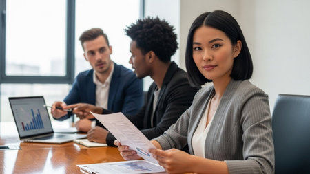 Group of business people discussing the charts and graphs showing the results of their successful teamworkの素材