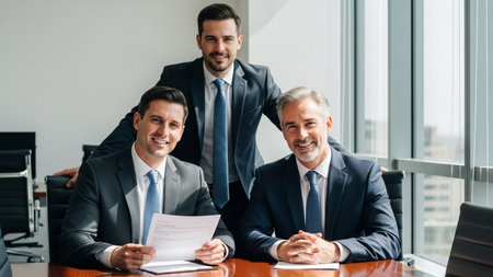 selective focus of smiling businessmen holding papers and looking at camera in officeの素材