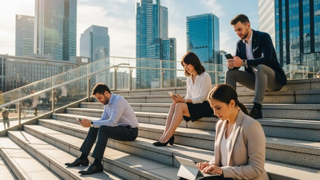 Group of young business people in smart casual wear using gadgets while sitting on stairs outdoorsの素材