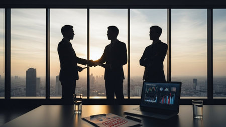 Silhouettes of business people shaking hands in modern office. Mixed mediaの素材
