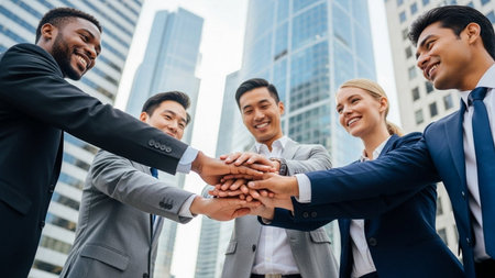 business, people and teamwork concept - group of smiling businesspeople with hands together over office building backgroundの素材