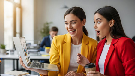 Smiling businesswomen using laptop and drinking coffee in office, copy spaceの素材