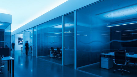 Interior of a modern office building with glass walls and blue ceilingの素材
