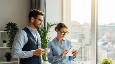 business, technology and people concept - smiling businesswoman and businessman with tablet pc computer drinking coffee at officeの素材
