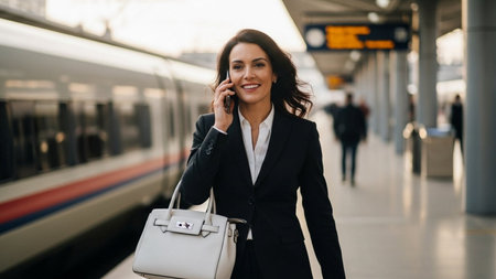 Young business woman with mobile phone at train station. Business travel concept.の素材