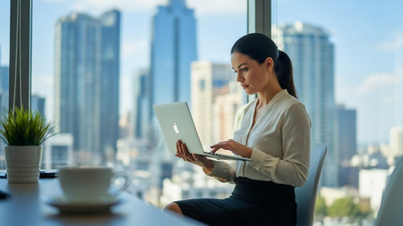 Young businesswoman using laptop computer in modern office with skyscrapers in the backgroundの素材