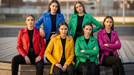 Group of four beautiful young women in colorful jackets sitting on wooden benchの素材