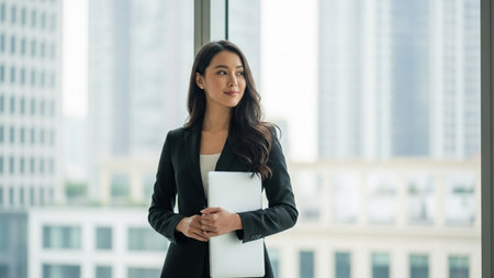 Portrait of young businesswoman holding laptop and looking at camera in officeの素材