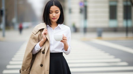 Young businesswoman with cup of coffee walking in the city street.の素材