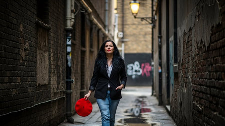 Young beautiful brunette girl in a black jacket and jeans with a red hat in the city.の素材