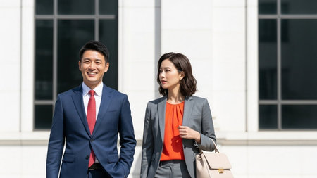 Portrait of Asian businessman and businesswoman standing in front of office buildingの素材