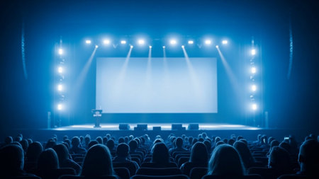Cinema auditorium with seats and projector screen in blue tonesの素材