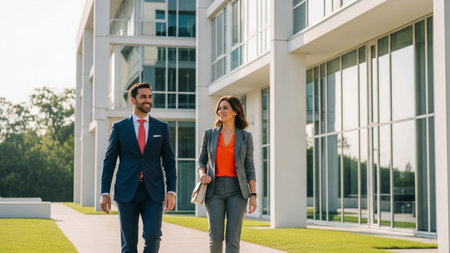 Young businessman and businesswoman walking together in front of modern office buildingの素材