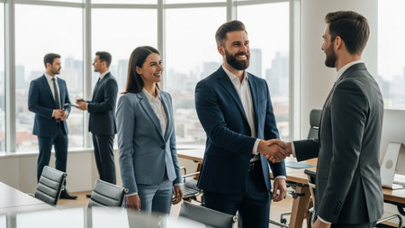 Business people shaking hands in office. Successful business people greeting each other with handshake.の素材
