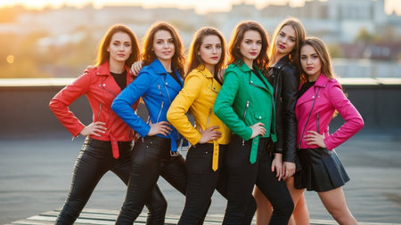 Group of young beautiful women in bright jackets on the background of the cityの素材