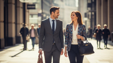 Businessman and businesswoman walking in the city. Business people concept.の素材