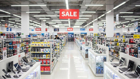 Supermarket interior with shelves and rows of products. Blurred backgroundの素材