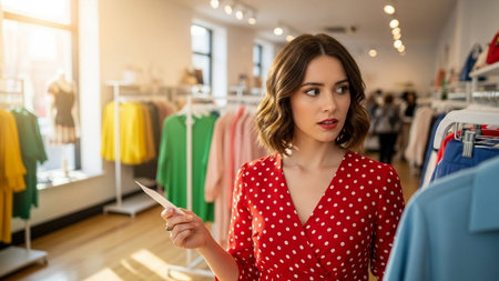 Portrait of beautiful young woman using mobile phone while shopping in boutiqueの素材