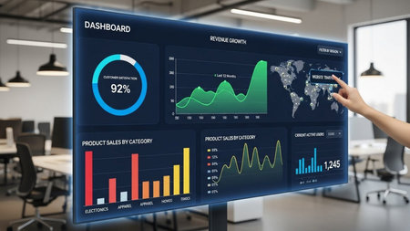 businessman working with new modern computer show business graph and chart on screenの素材