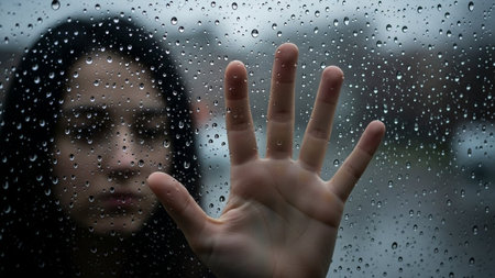 Woman's hand behind the glass with rain drops on the window.の素材
