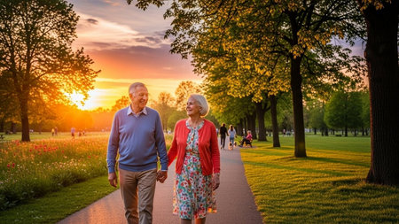 Senior couple walking in the park at sunset, panoramic viewの素材