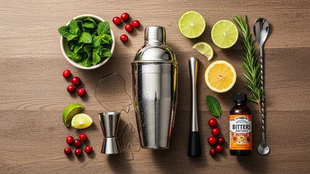 Cocktail shaker with ingredients on wooden background, top viewの素材