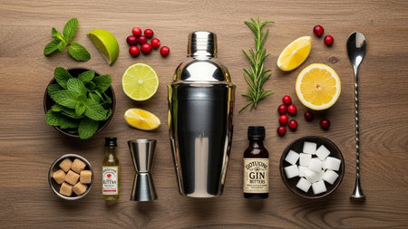 Cocktail shaker and ingredients on wooden table, top viewの素材