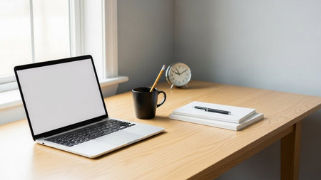 Laptop with blank screen on wooden table in office room. Workplace conceptの素材