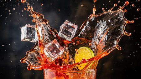 Colorful cocktail with ice cubes and splash on a black background.の素材