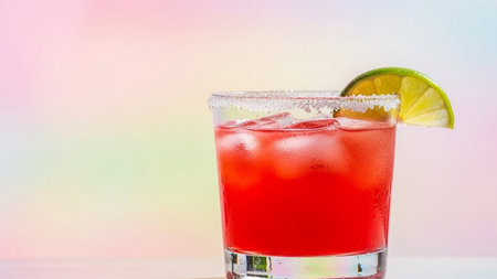 Red Cocktail with lime and ice on a colorful background. Close-up.の素材