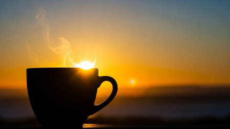 Silhouette of hot coffee cup on the background of the sunset.の素材