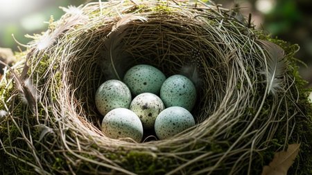 Nest of the bird with eggs on green moss. Nature backgroundの素材