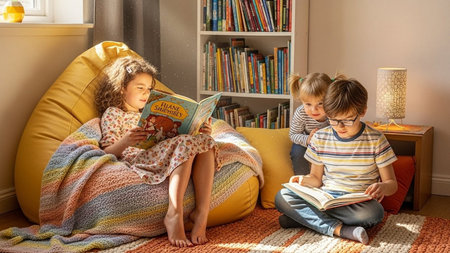 Children reading a book in the living room at home. Education concept.の素材