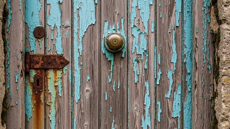 Old wooden door with rusty metal handle and blue paint. Background and texture.の素材