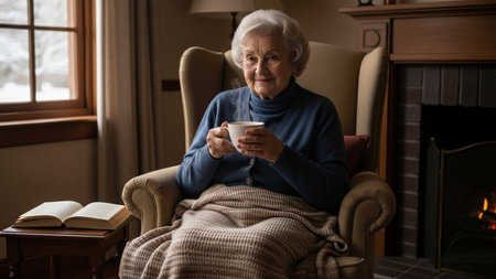 Senior woman sitting in armchair with cup of hot drink and bookの素材
