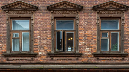 Windows of an old brick building in Wroclaw, Poland.の素材