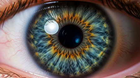 Close-up of a human eye with iris and pupil.の素材