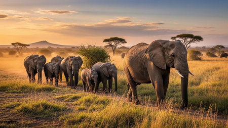 Elephants in Amboseli National Park, Kenya, Africaの素材