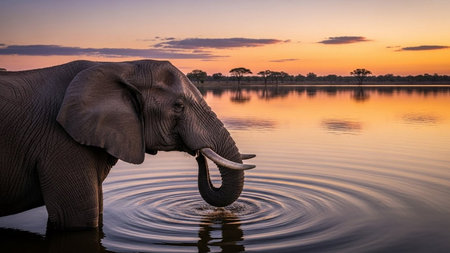 African elephant drinking water at Okavango Delta, Botswana, Africaの素材